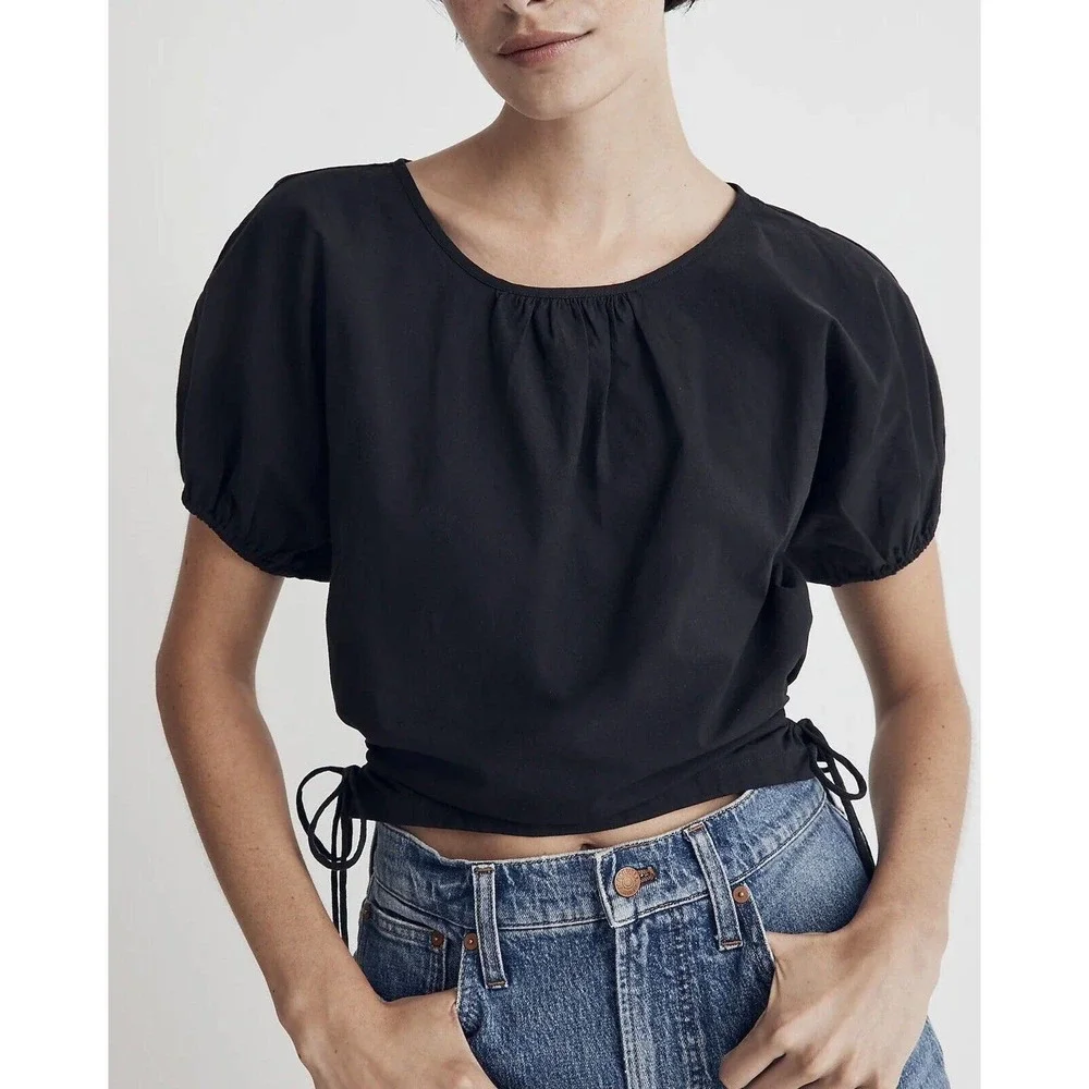 NWT‎ Madewell Womens Polplin Puff Sleeve Cutout Crop Top Shirt XL Cotton Black